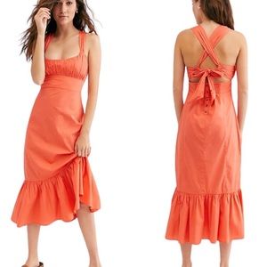 Free People Laila Coral Orange Tie Back Bow Detail Scoop Neck Midi Dress - L